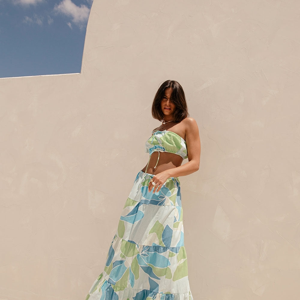 Sabo Skirt Blue and Green Leafy Skirt Set